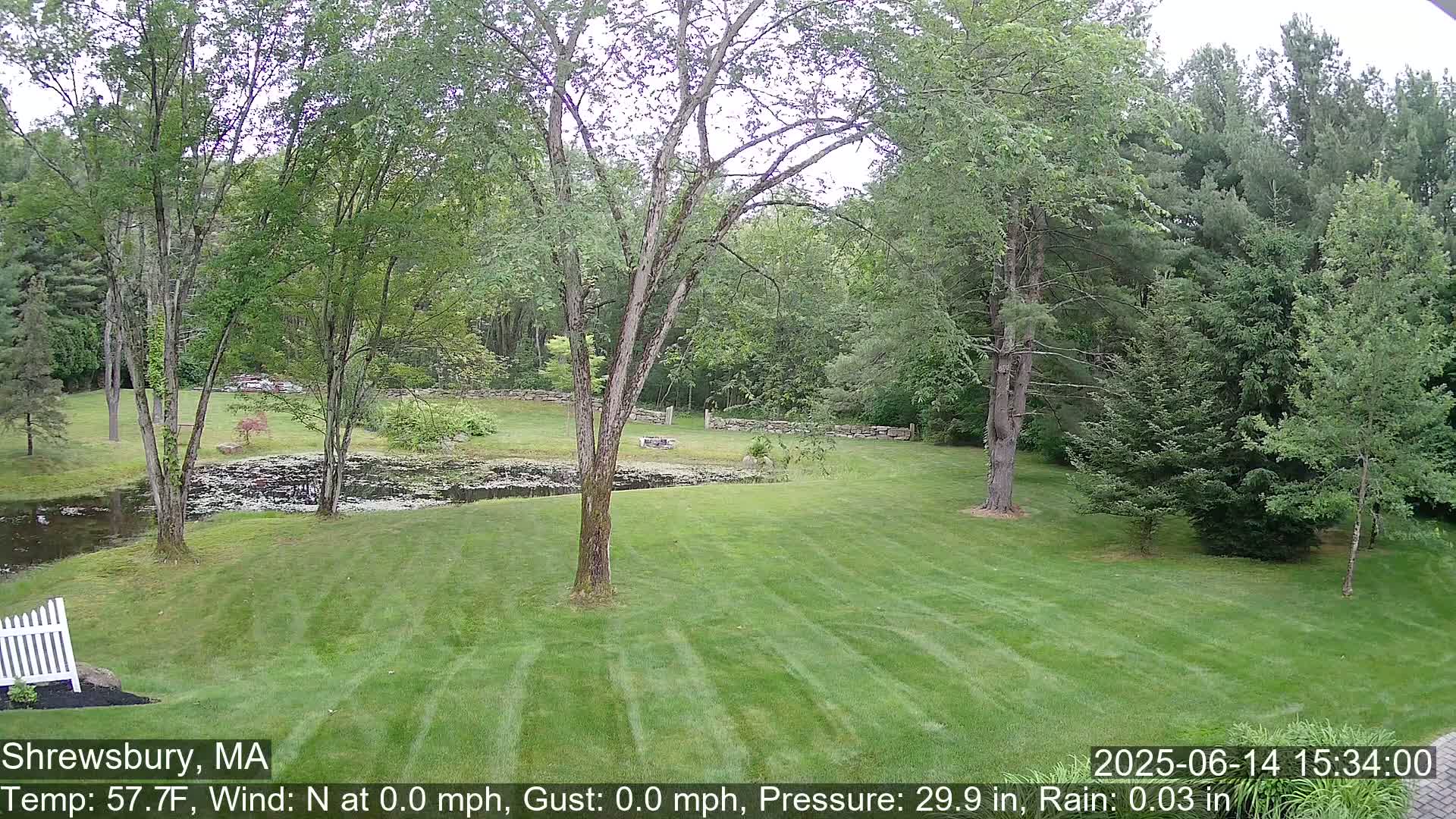 A verdant lawn stretches toward a pond and stone wall, bordered by lush green trees under a partly cloudy sky.