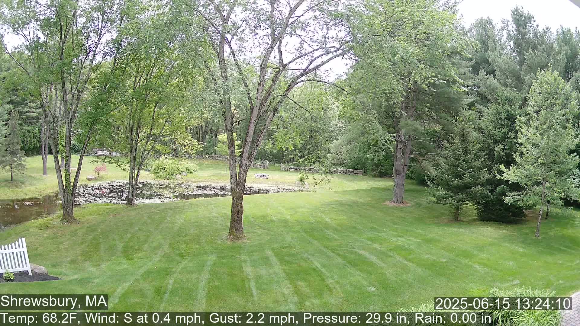 A sprawling green lawn slopes gently down to a calm pond, surrounded by lush green trees under an overcast sky.