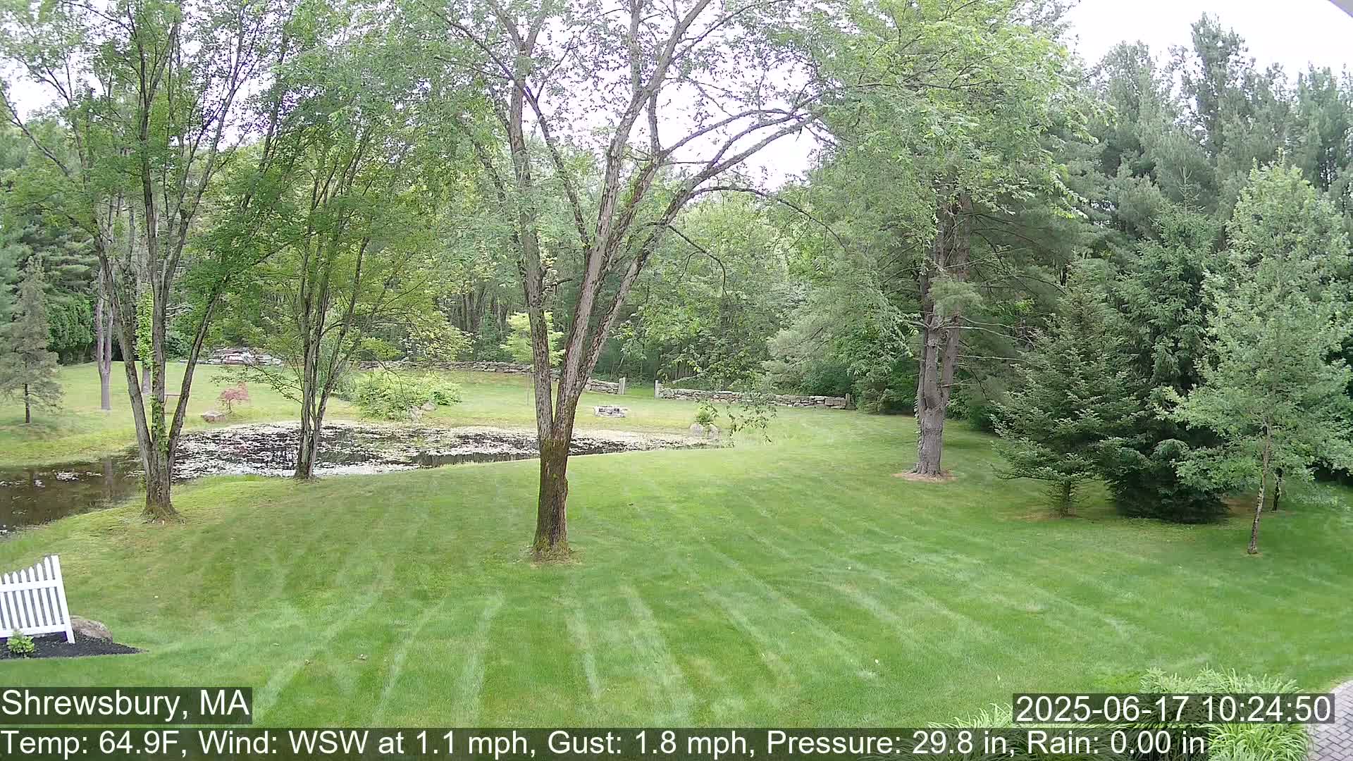A verdant lawn slopes down to a small pond, bordered by lush green trees under a partly cloudy sky.