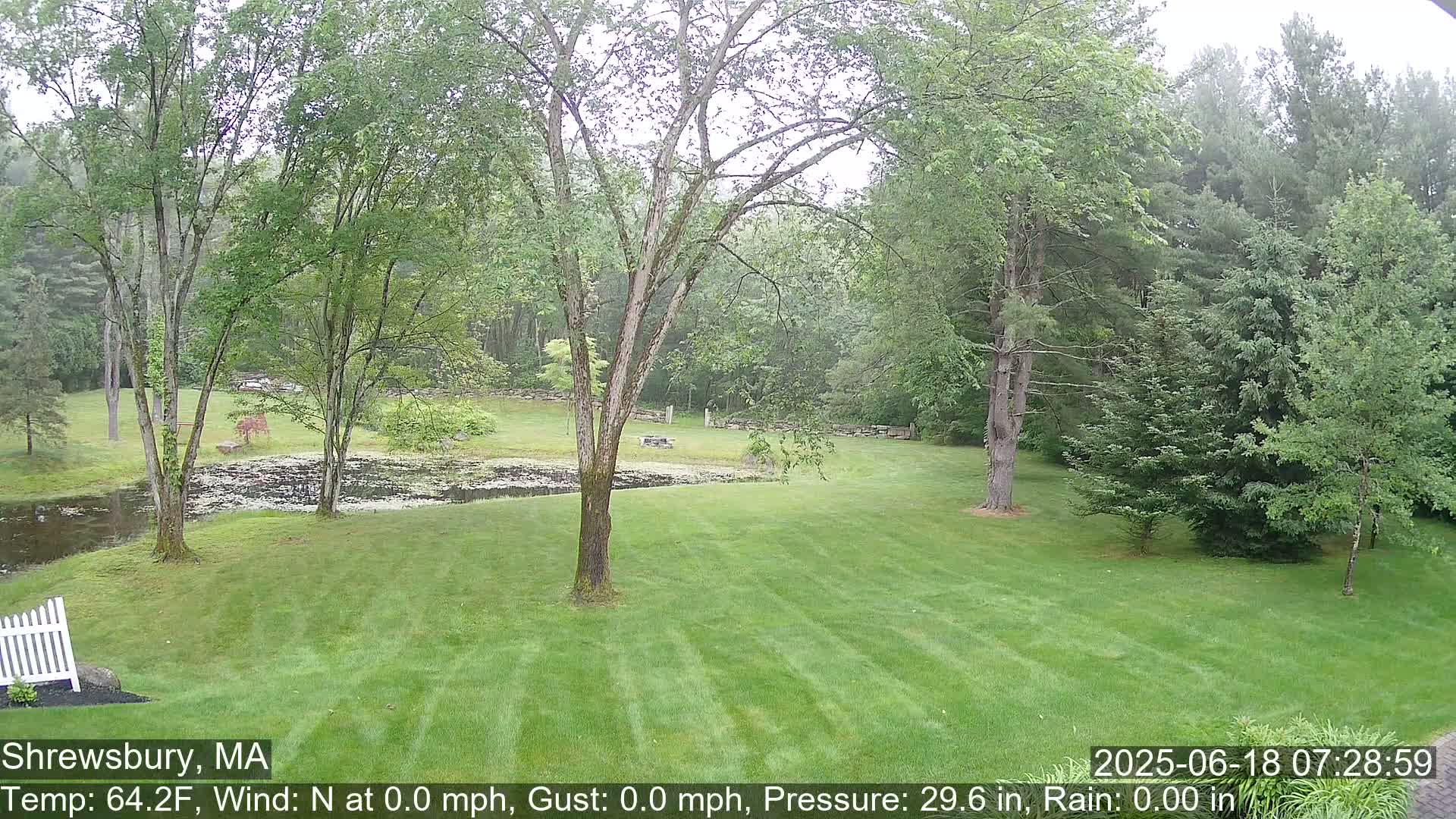 A grassy yard with several trees and a small pond is visible on an overcast day.