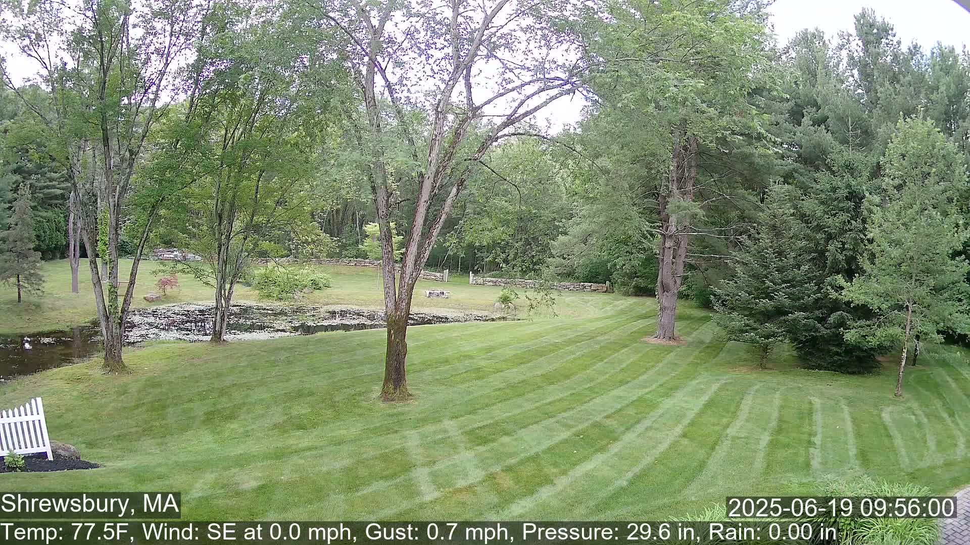 A neatly mown lawn slopes gently down to a small pond, bordered by trees and a stone wall, under a calm, mostly cloudy sky.
