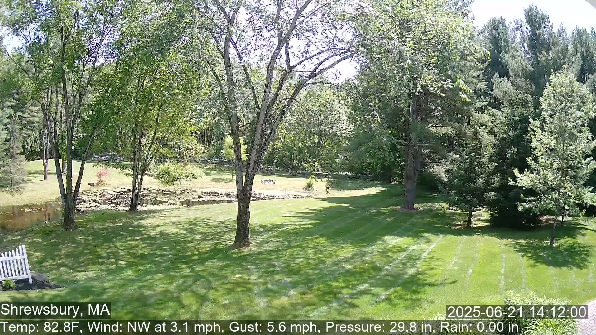 A sunny, green lawn stretches toward a pond and lush woods under a partly sunny sky with a light northwest wind.