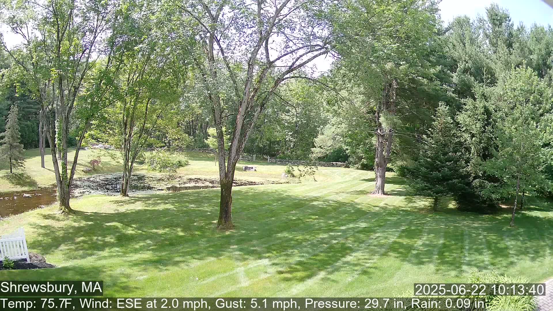 A sunny day shows a neatly mown lawn, several trees, a small pond, and a wooded area beyond.