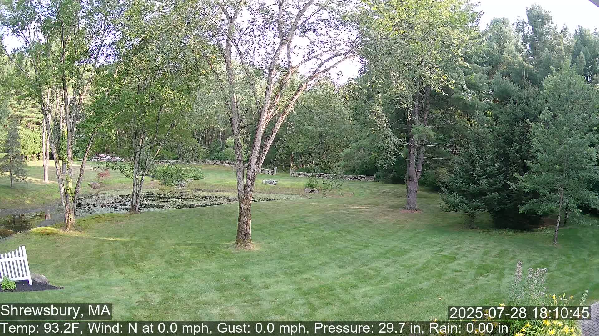 A sprawling green lawn, dotted with trees and a small pond, stretches toward a wooded backdrop under a clear sky.