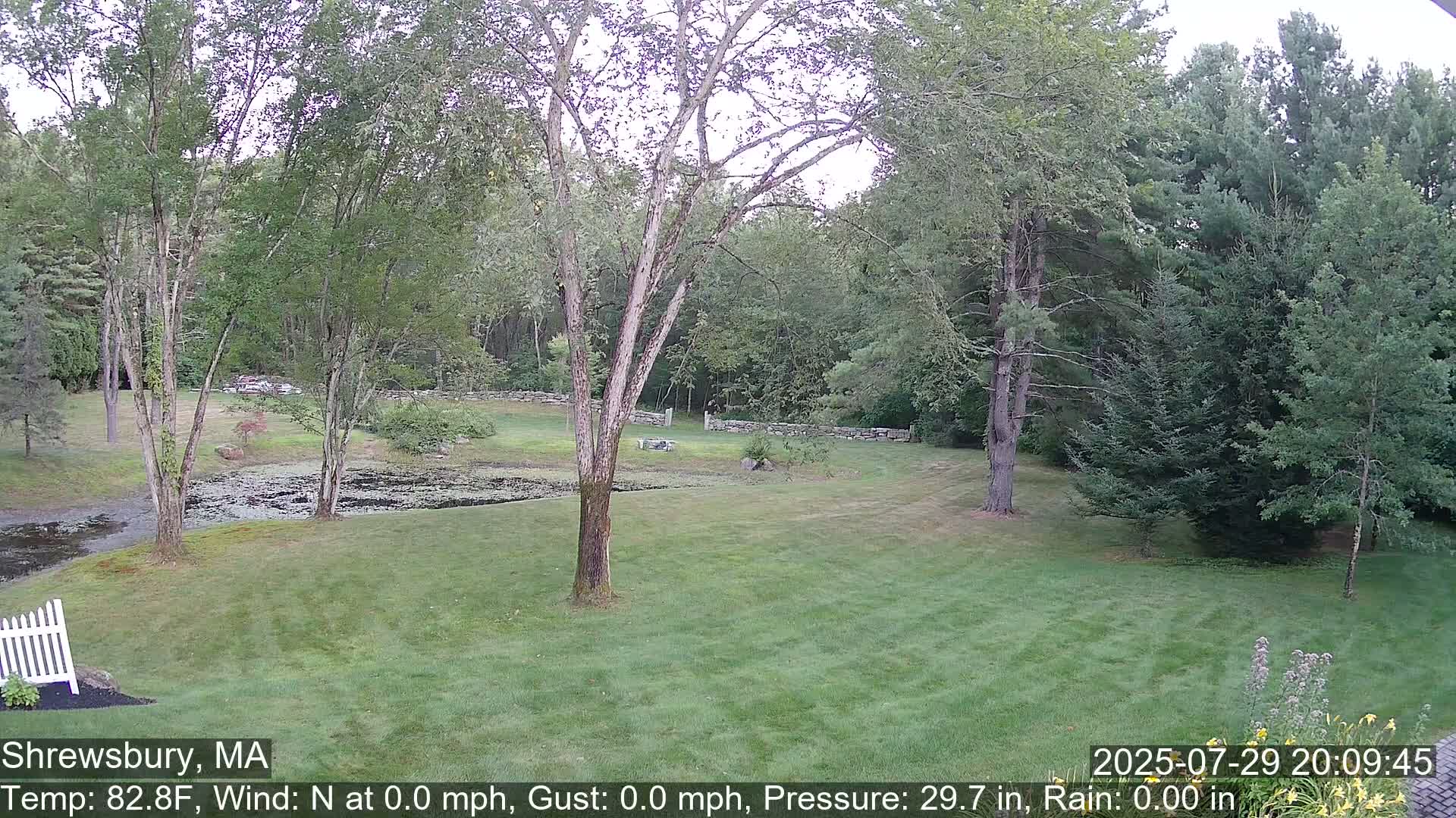 A sprawling green lawn, dotted with trees and a small pond, stretches toward a wooded backdrop under a clear sky.