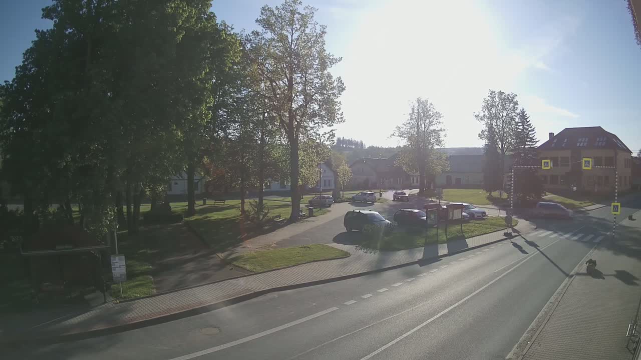 A sunny day reveals a town square with parked cars, green grass, leafy trees, and buildings, all situated alongside a roadway.