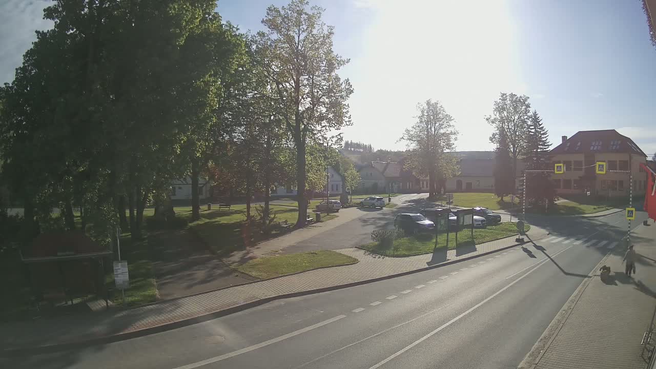 A sunny day reveals a village square with a few cars parked, several trees, and a road leading away from the scene.