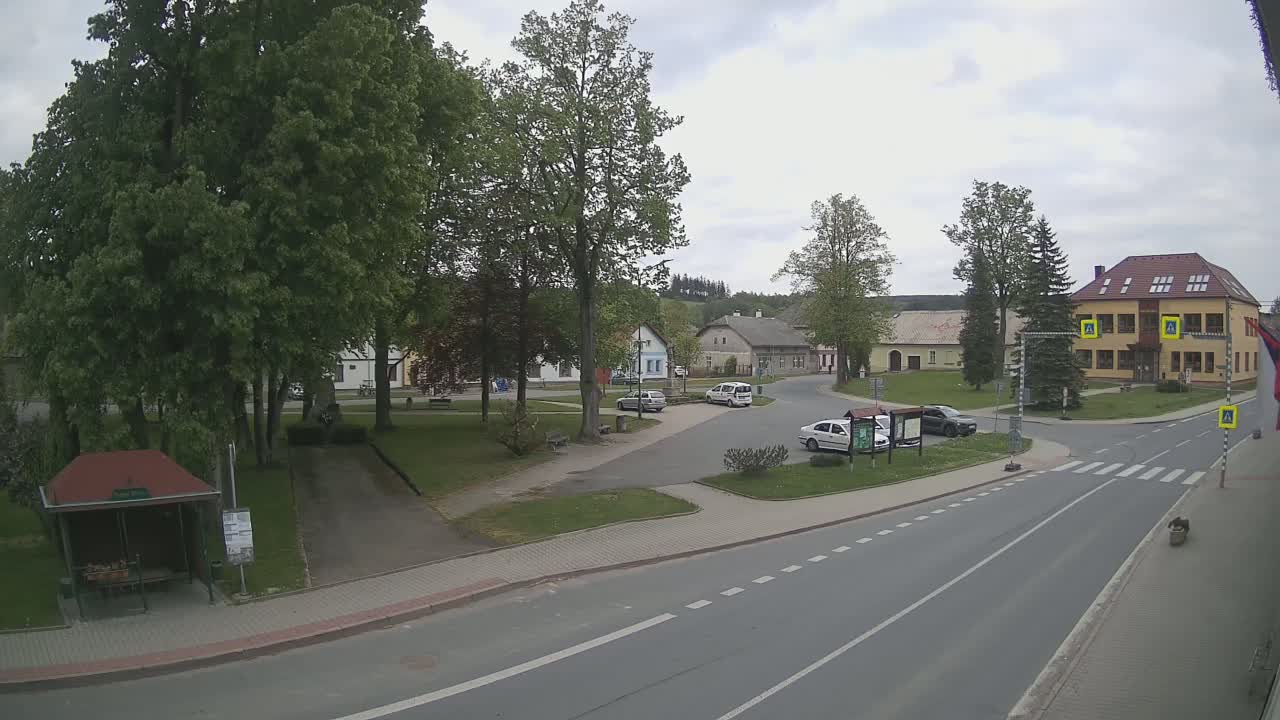 A village square with a few cars, several buildings, and many leafy green trees under a cloudy sky.