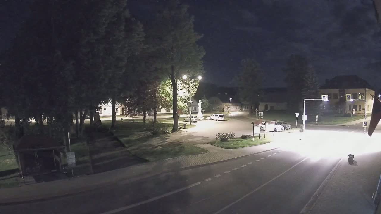 A nighttime view of a town square with a statue, several cars, and streetlights illuminating a road and surrounding trees.