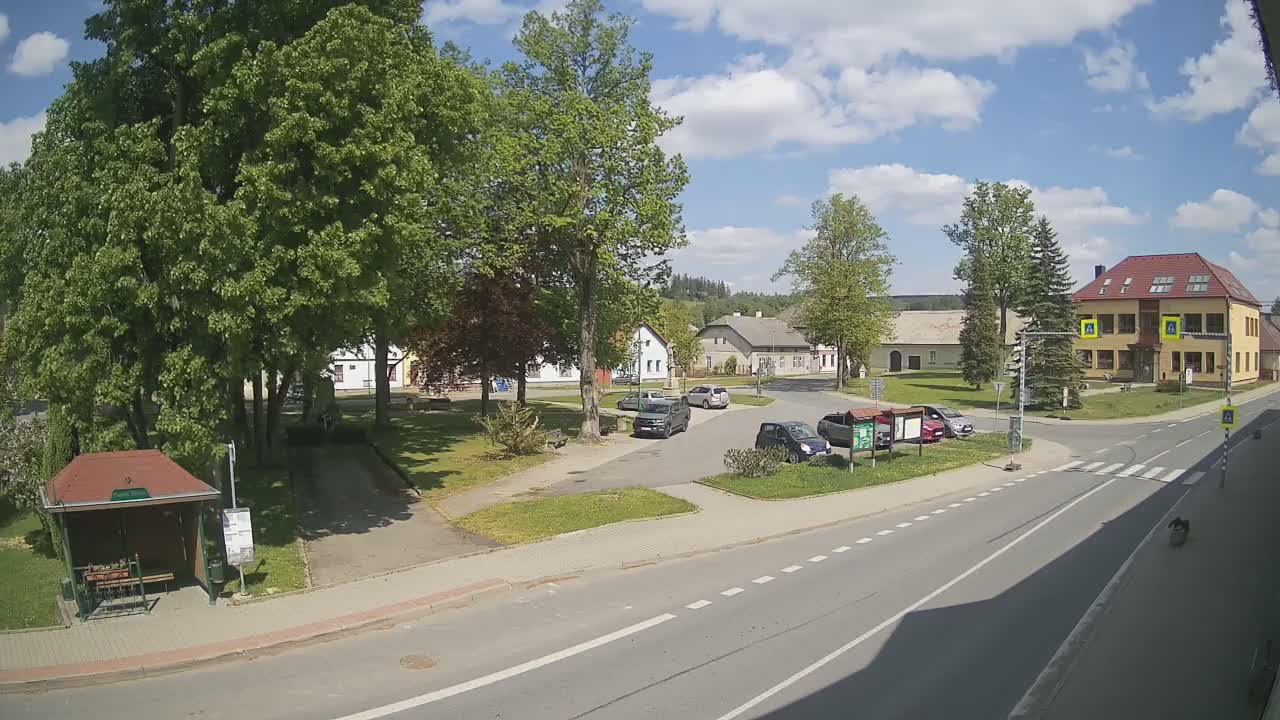 A sunny day in a small town square shows several cars parked near a grassy area with trees, a bus stop, and buildings.