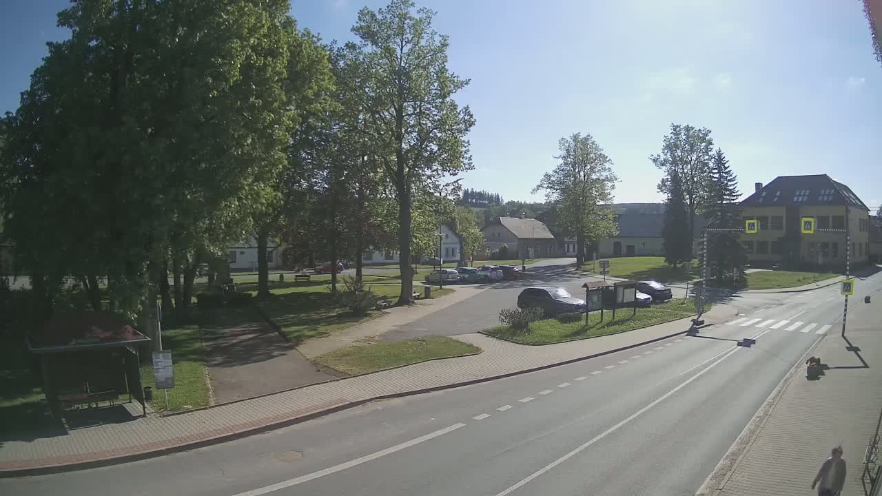 A sunny day reveals a village square with several parked cars, a small grassy park, and buildings including a two-story structure, all surrounded by leafy green trees.