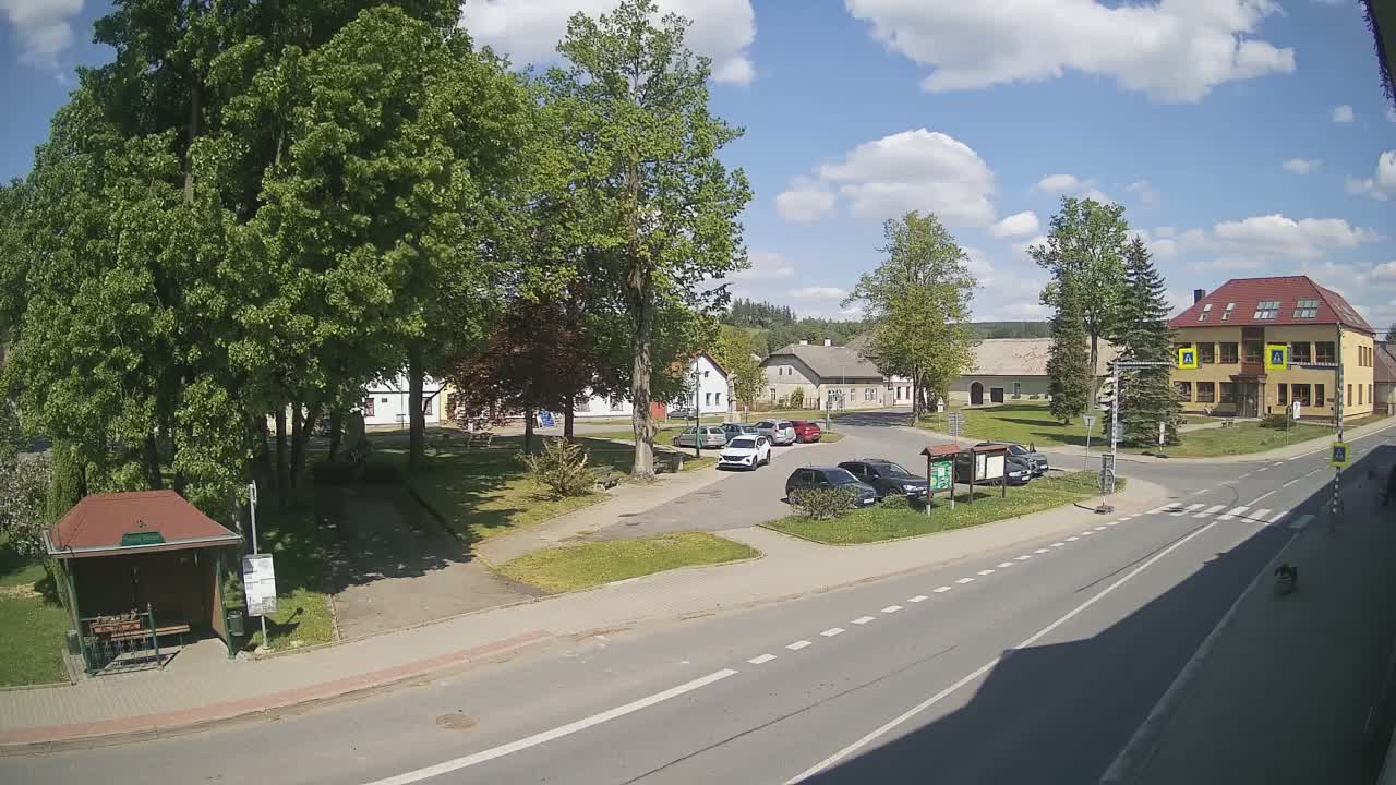 A sunny day reveals a village square with several cars parked, leafy green trees, and a few buildings, including a two-story building with a red roof.