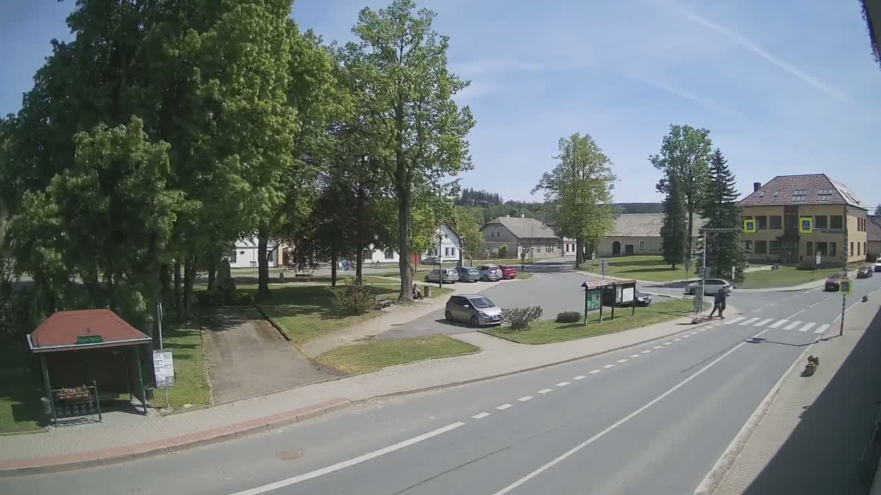 A sunny day reveals a village square with parked cars, green spaces, and buildings, including a two-story house, all bordered by a roadway with a pedestrian crossing.