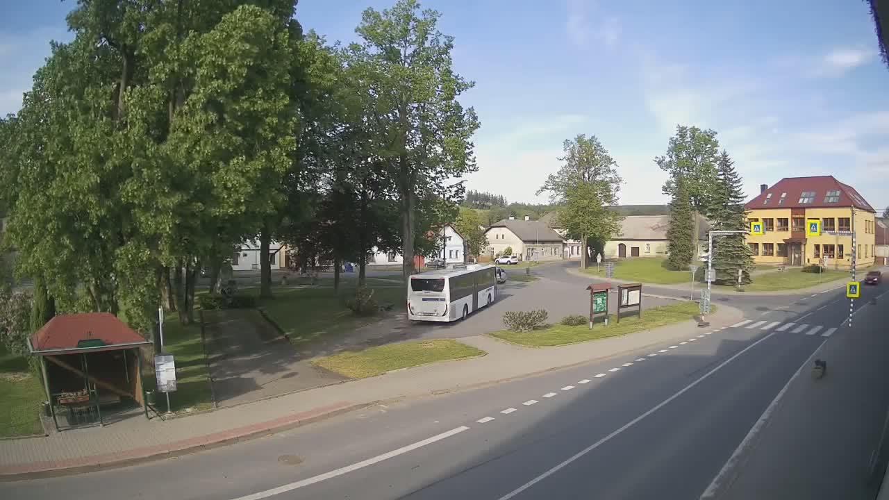 A bus is parked in a village square on a sunny day, surrounded by buildings, trees, and a pedestrian crossing.