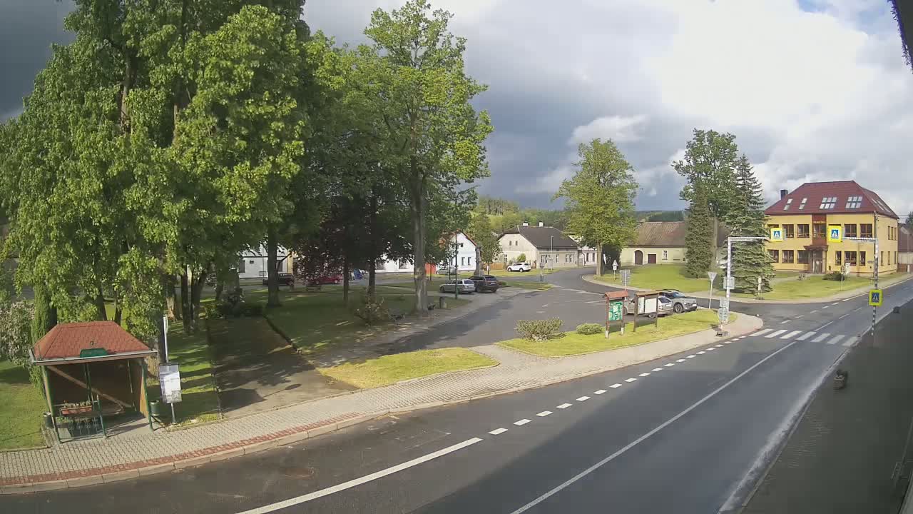 A mostly sunny day reveals a village square with several cars, a bus stop, and a large, yellow building, all surrounded by lush green trees and grass.