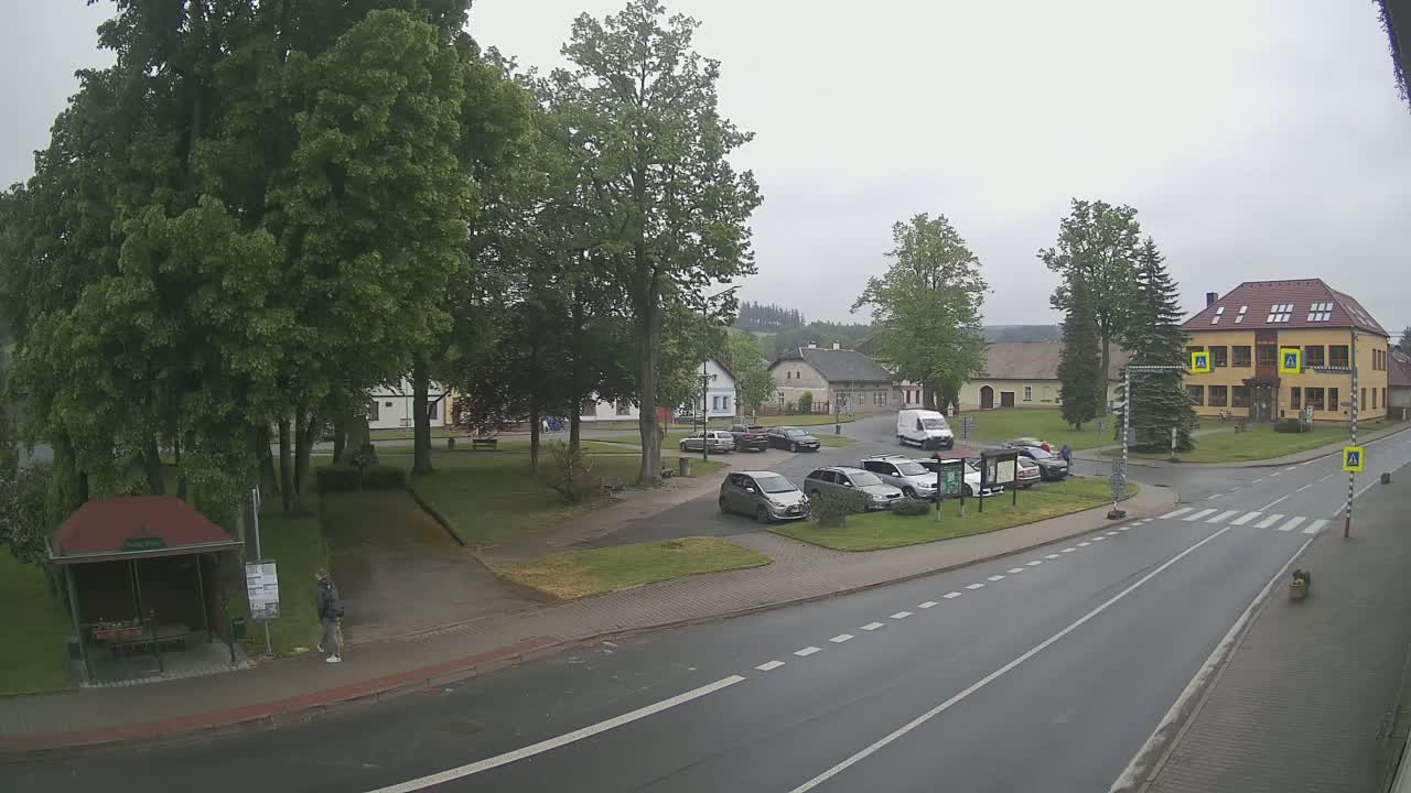 A village square with several cars parked, a bus stop, and a two-story building under an overcast sky.