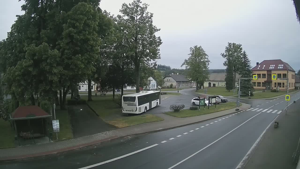 A white bus is parked in a village square on an overcast day, with several cars nearby and a few buildings in the background.