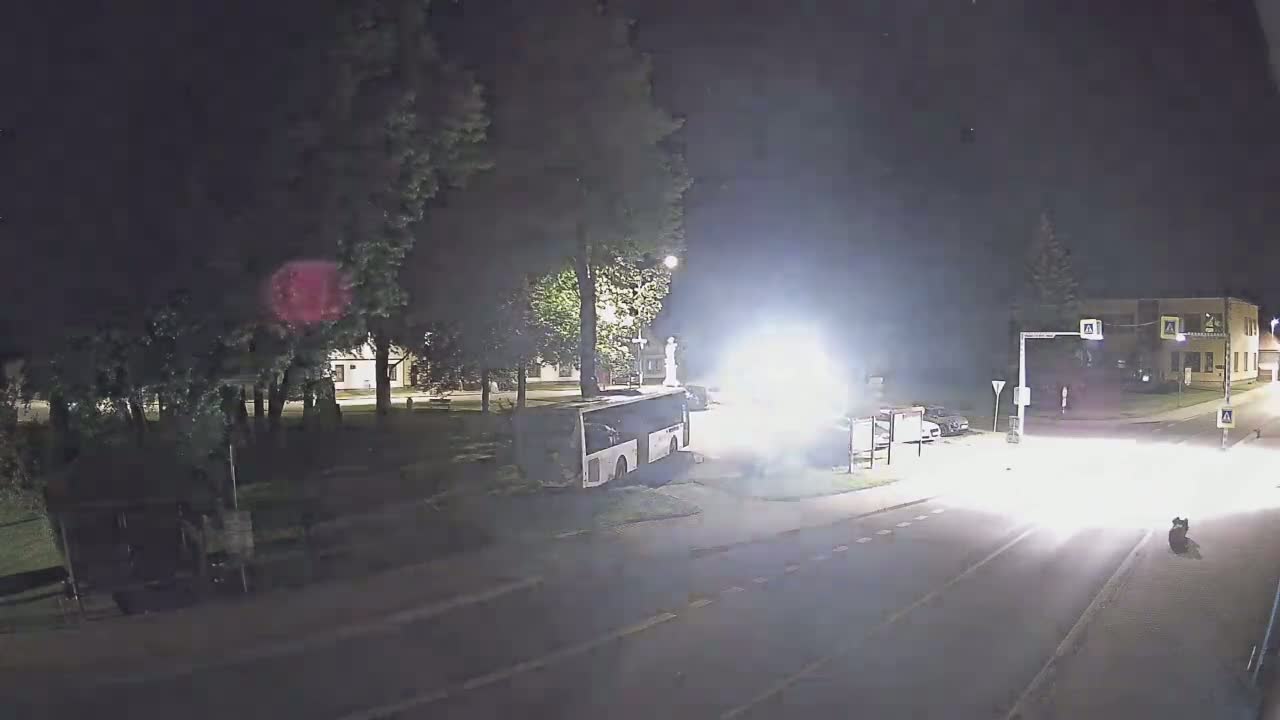 A bus is parked near a park at night, with bright headlights illuminating a street and a pedestrian crossing.