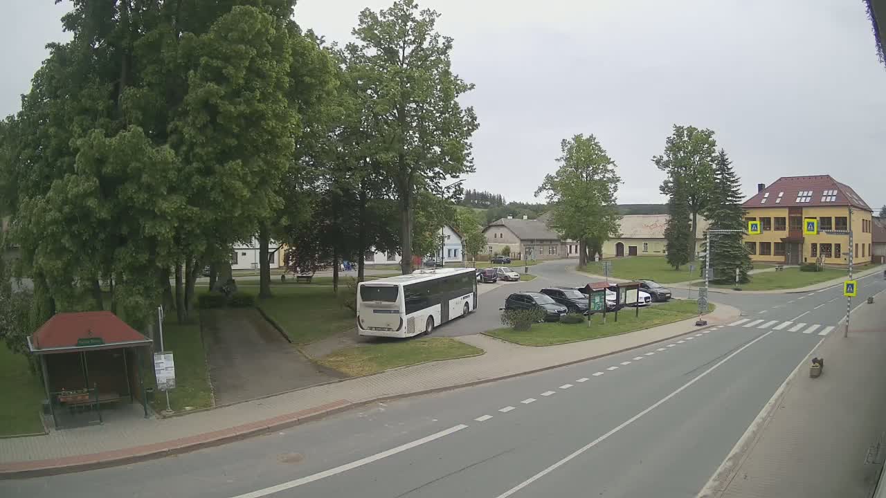 A white bus is parked near a small town square with several cars, a bus stop, and buildings under an overcast sky.