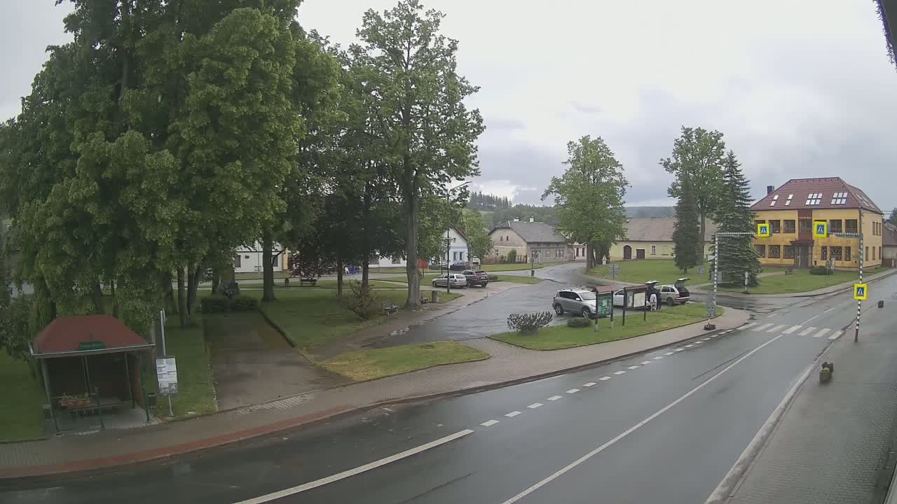 A wet village square with several cars parked near a yellow building, surrounded by lush green trees under a cloudy sky.