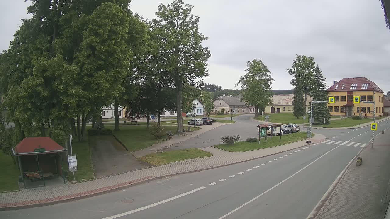 A village square with several buildings, lush green trees, a paved road, a bus stop, and a few parked cars under an overcast sky.