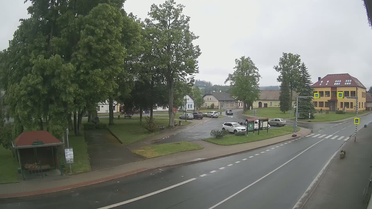 A wet village square with several cars parked, a bus stop, and buildings under an overcast sky.