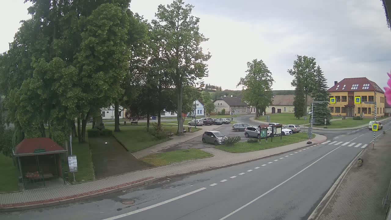A town square with several cars parked, surrounded by buildings and lush green trees under an overcast sky.