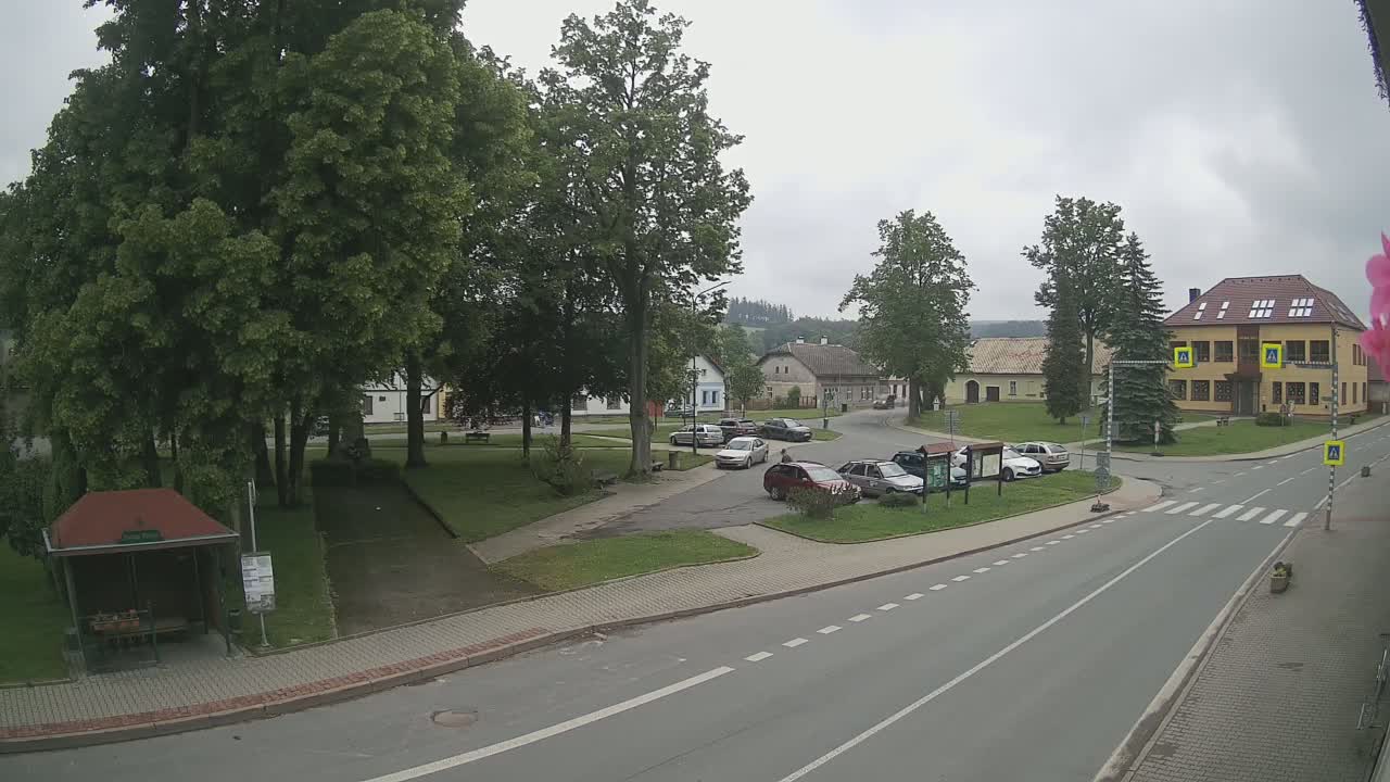 A village square with several cars parked, surrounded by green trees and buildings, on an overcast day.