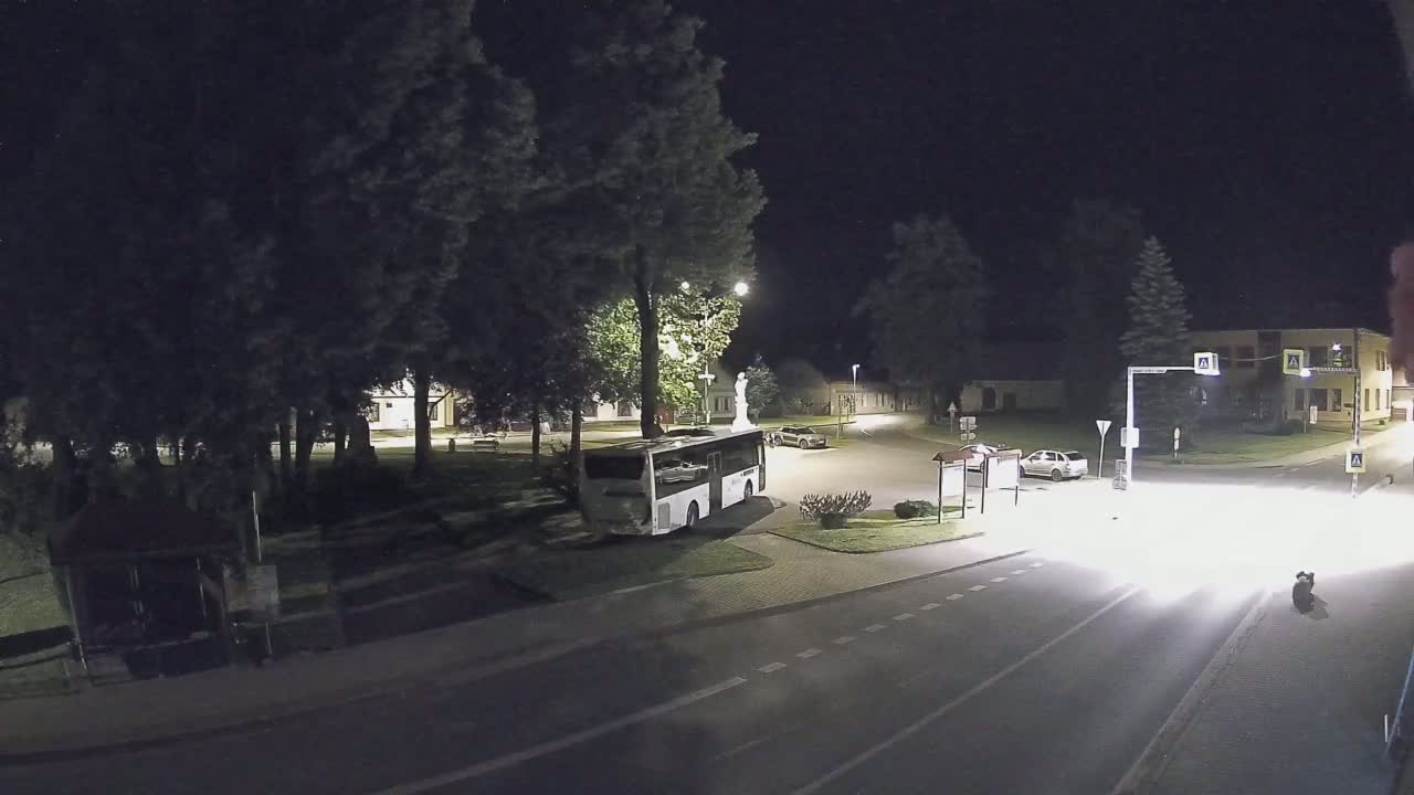 A bus is parked in a square at night near a statue, under artificial light, with a few cars and a small building visible in the background.