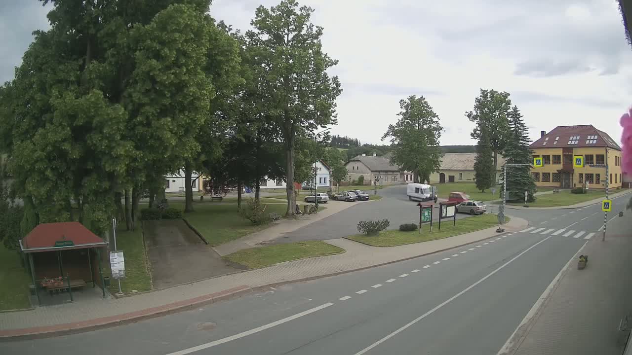 A village square with several cars parked, a white van, and a few buildings under an overcast sky.
