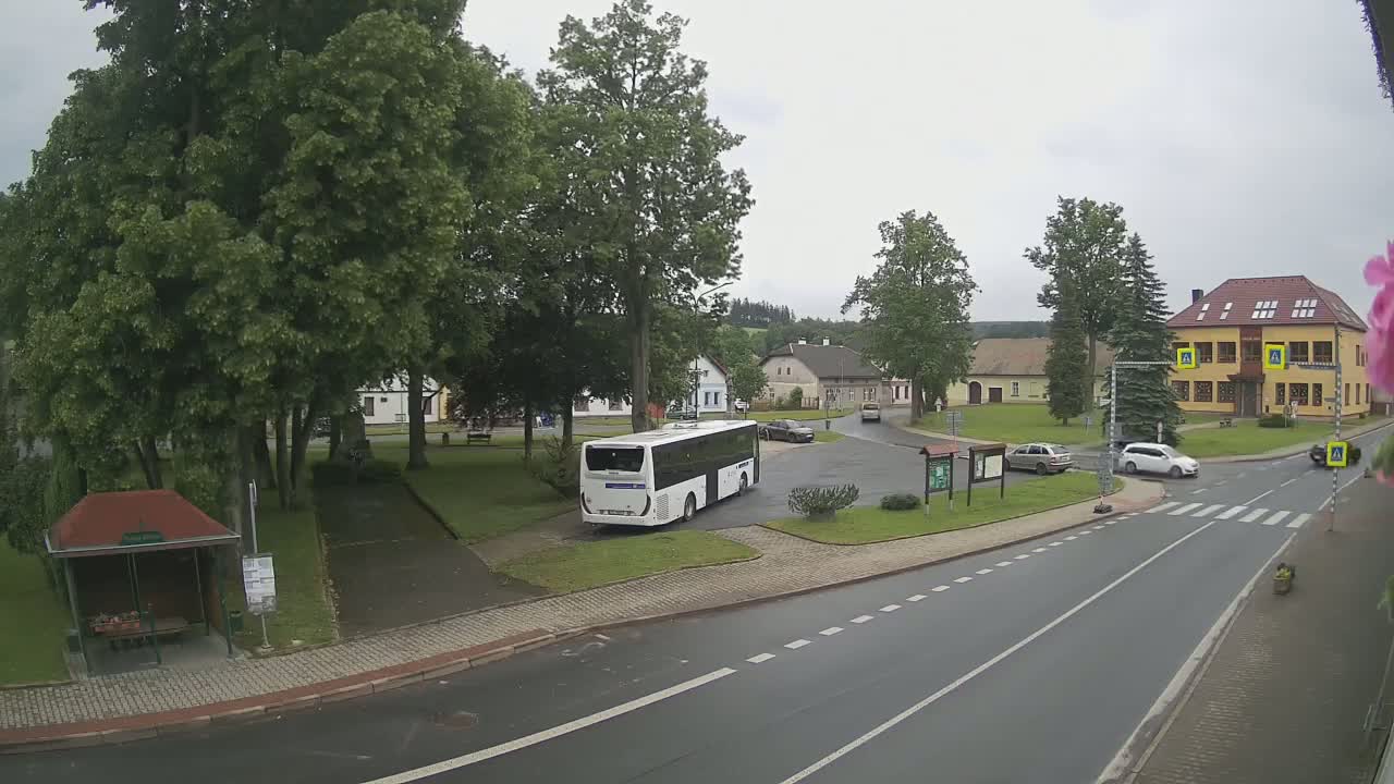 A white bus is parked in a village square on an overcast day, near several buildings, trees, and cars.