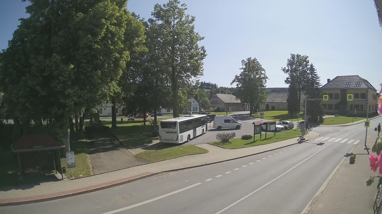 A sunny day in a village square shows a bus and van parked near a grassy area with buildings and trees surrounding a paved road with a crosswalk.