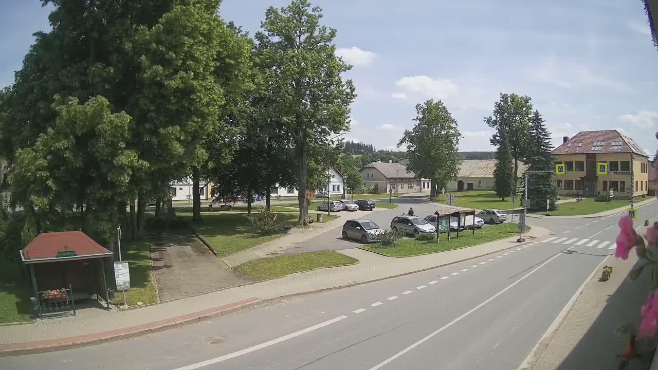 A sunny day reveals a village square with several cars parked, surrounded by buildings and lush green trees.