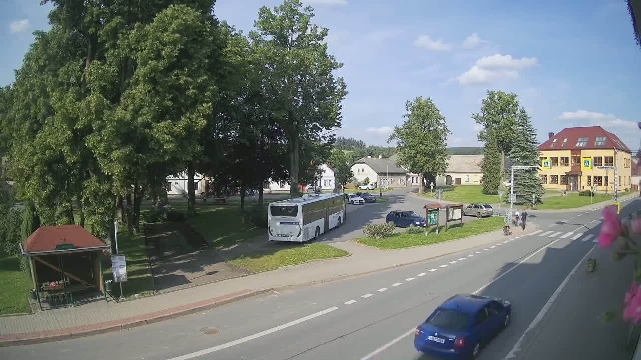A white bus is parked in a village square on a sunny day, with several cars and pedestrians nearby, and lush green trees lining the streets.