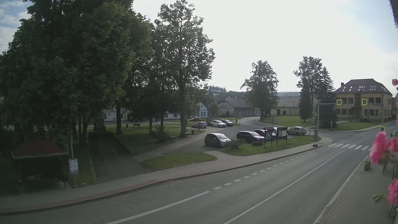 A street scene on an overcast day shows several cars parked in a village square near some buildings and lush green trees.