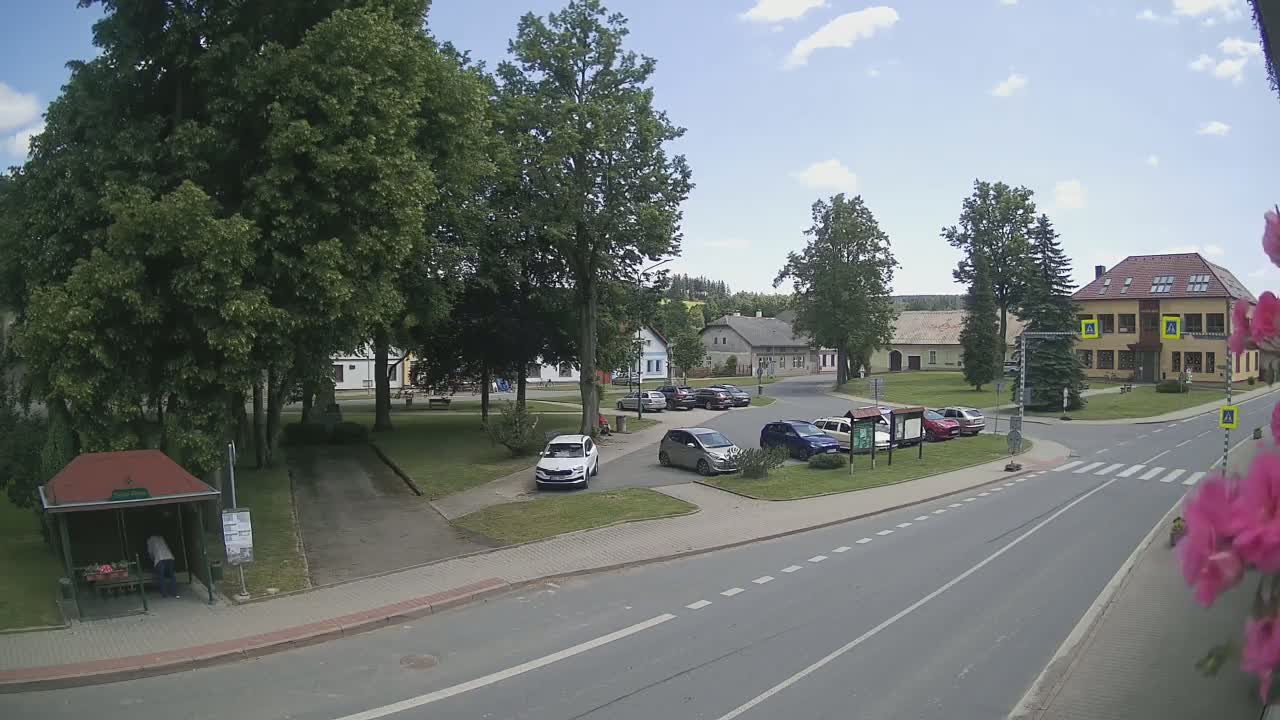 A sunny day in a village square with several cars parked near a grassy area and buildings, and a bus stop with a person waiting.