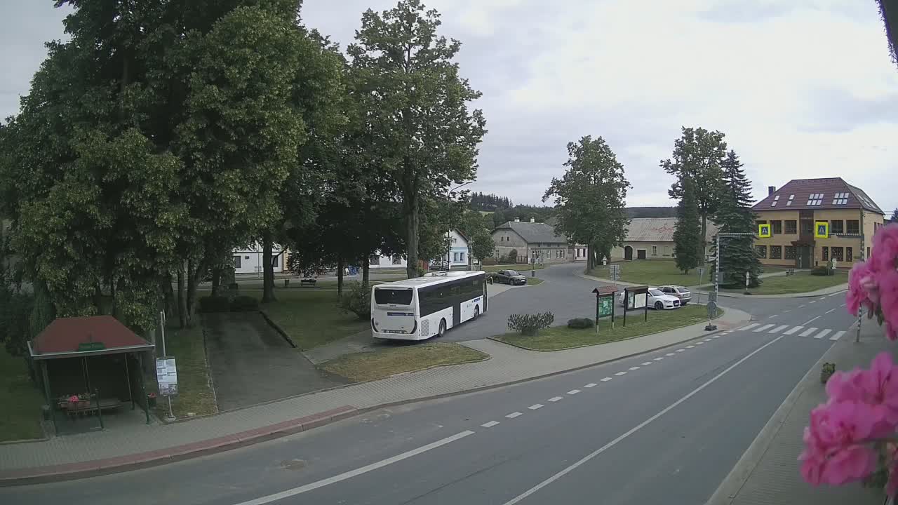 A white bus is parked in a village square under an overcast sky, near some buildings and green spaces.