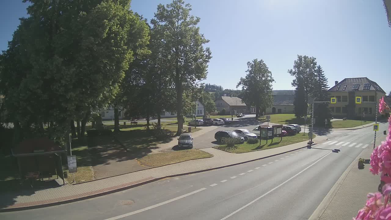 A sunny day reveals a town square with parked cars, lush green trees, and buildings, alongside a road with a pedestrian crossing.