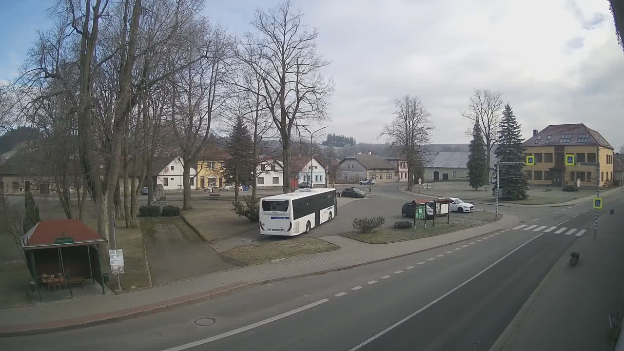 A quiet village scene on an overcast and frosty day features a white bus parked near a bus stop, surrounded by numerous bare trees, a mix of residential and public buildings, and several cars, with a road and crosswalk in the foreground.