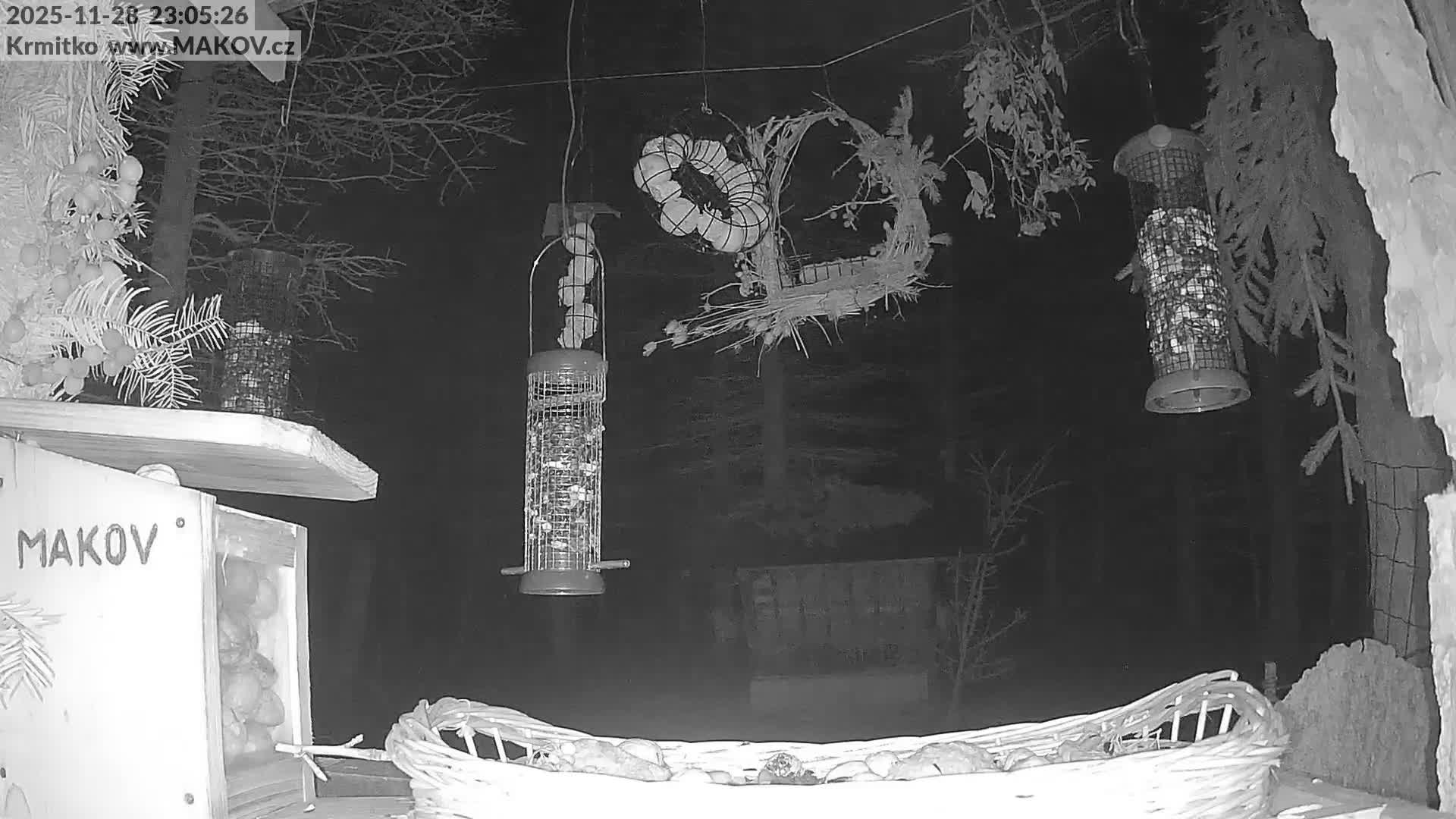 A monochrome night vision scene captures multiple outdoor bird feeders and nut stations, including a filled wooden box and a wicker basket on the snowy ground, set amidst trees under clear, cold night conditions.