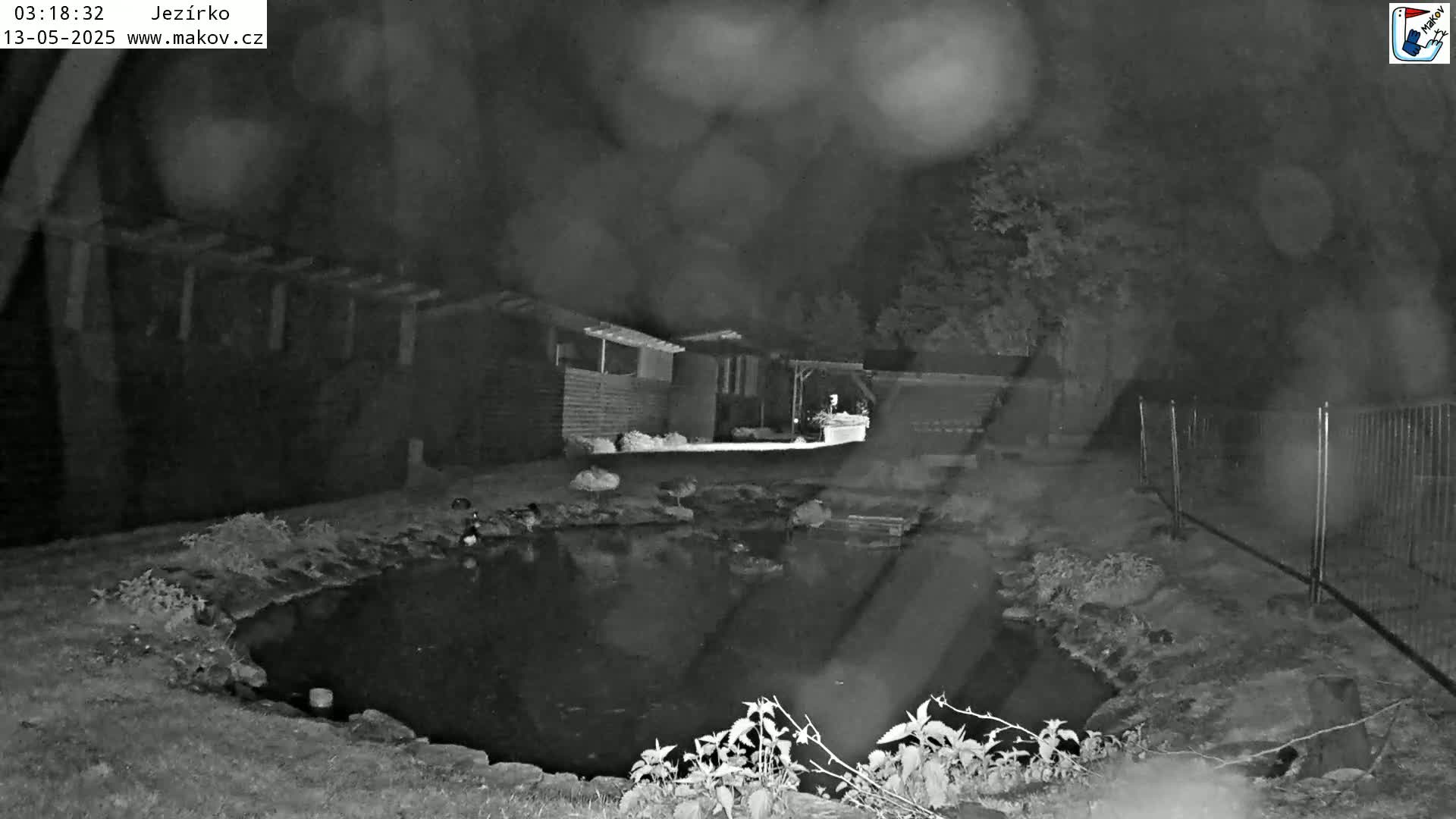 A nighttime, rainy view of a small pond next to a building and a fence.