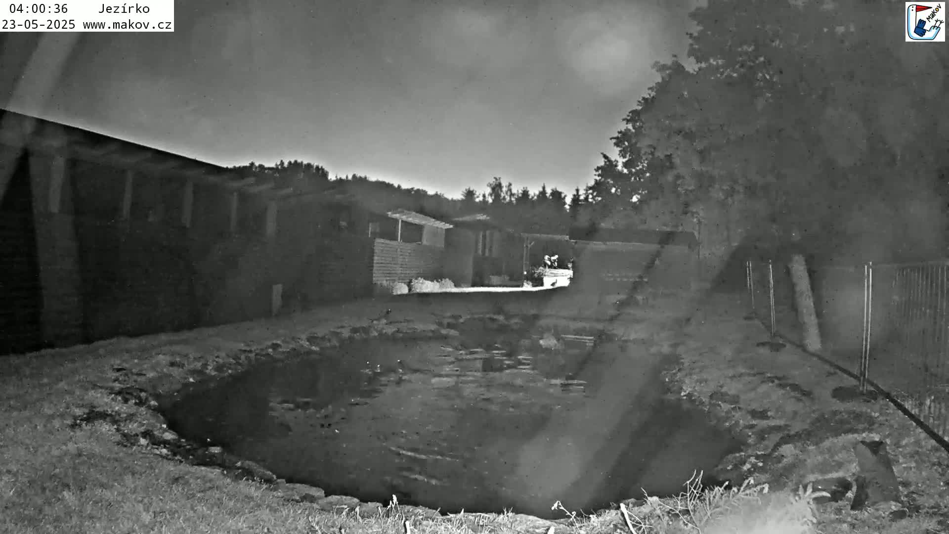 A nighttime, black-and-white image shows a small pond next to several buildings under a dark sky.