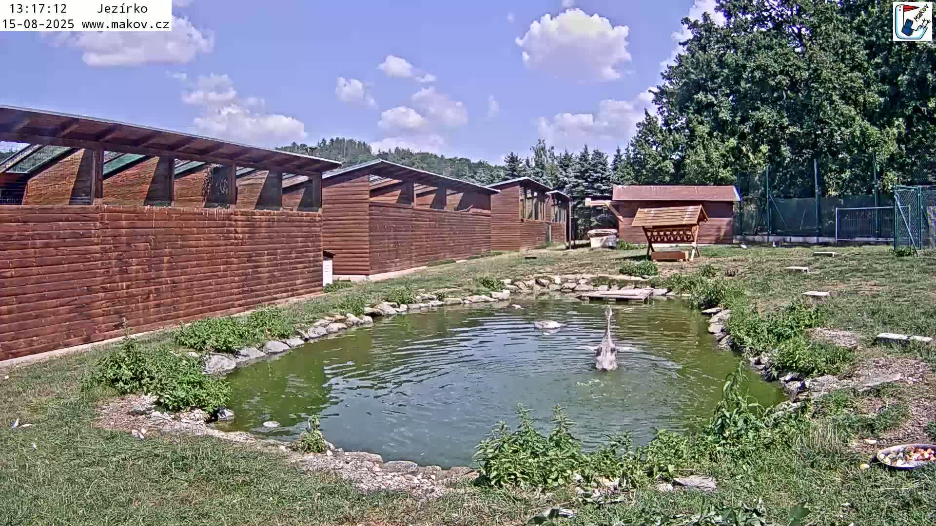 A small pond sits in front of several wooden structures under a clear, sunny sky.