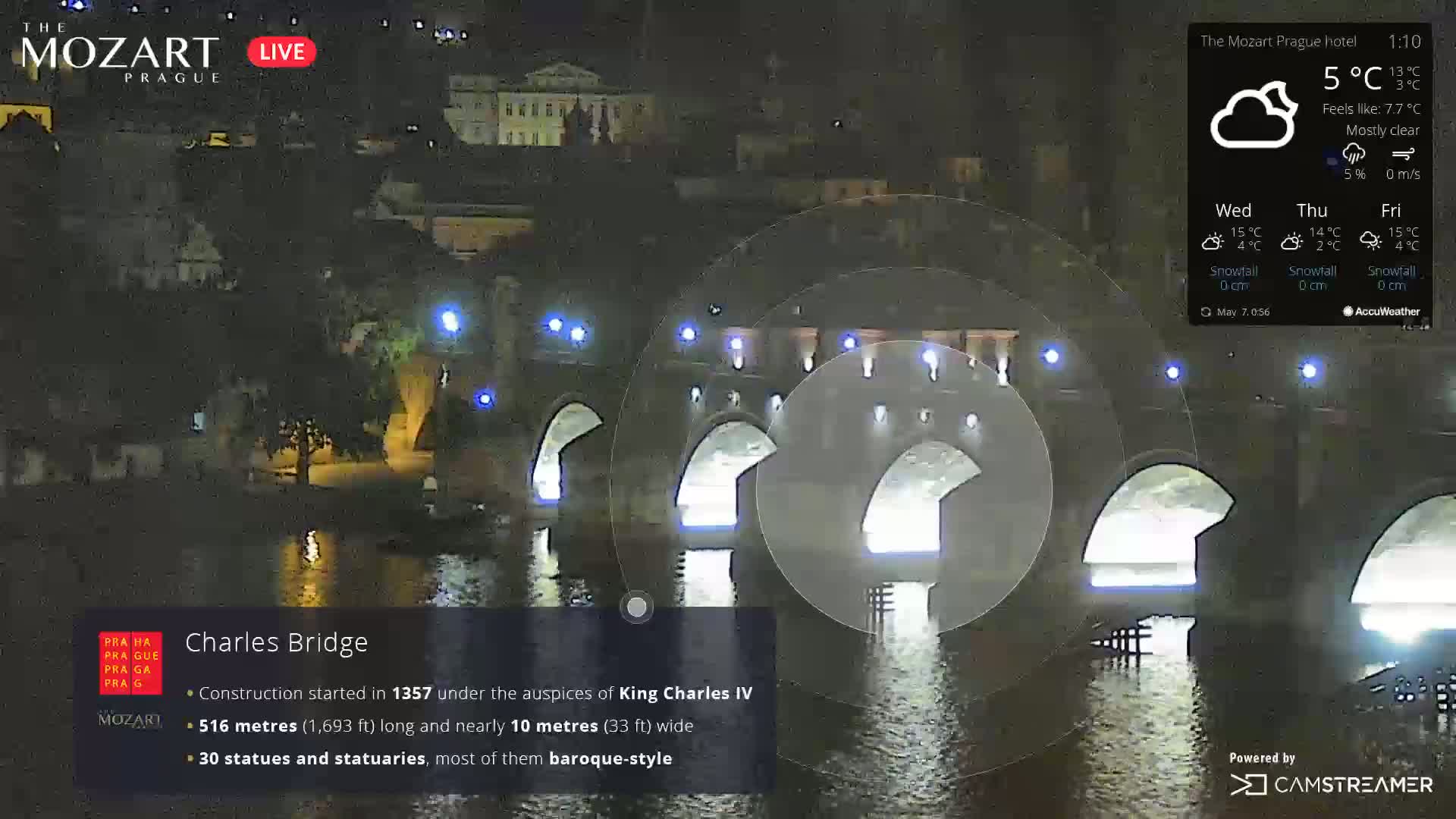 A nighttime view of Charles Bridge, spanning a dark river under a mostly clear sky with a temperature of 5°C.