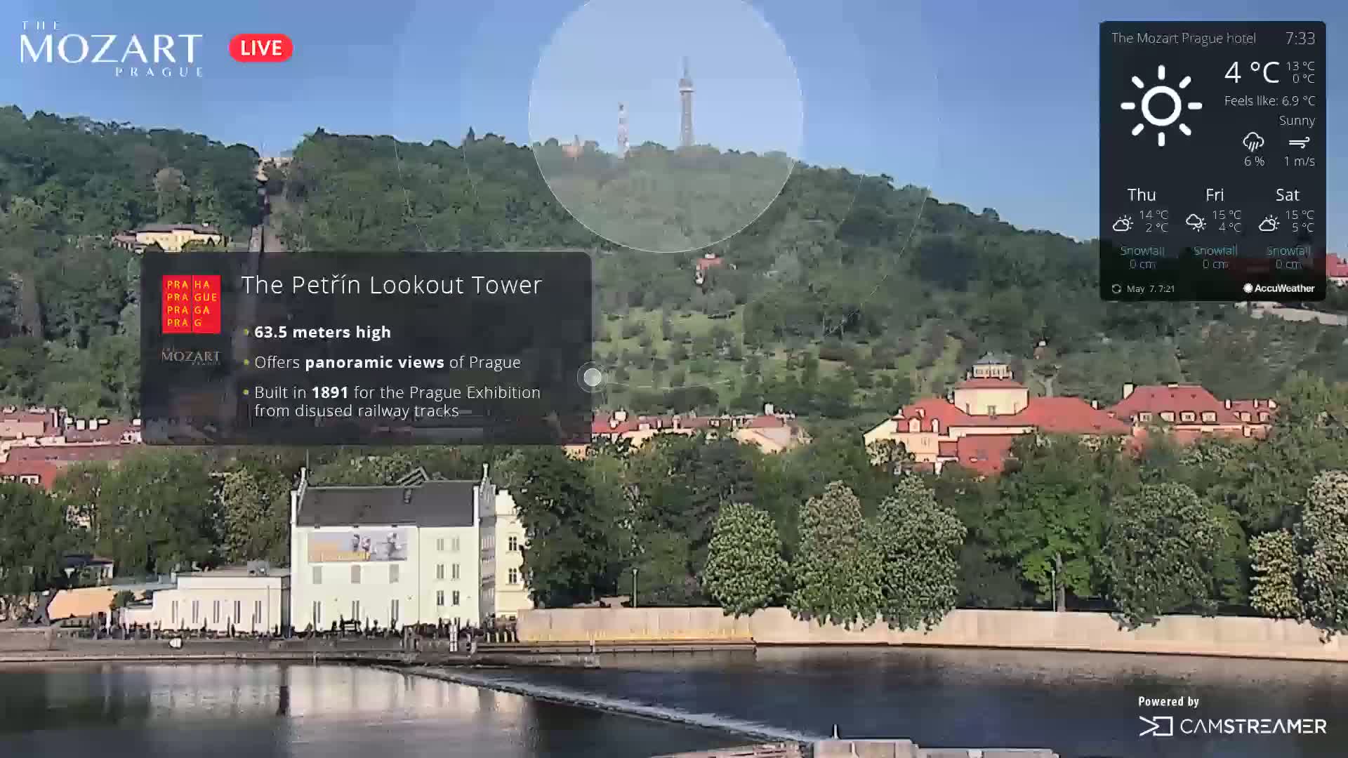 A sunny view of a city by a river, featuring a tall tower on a hill in the background.