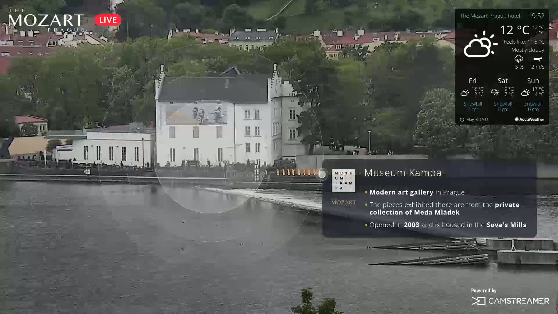 A mostly cloudy day shows a modern art gallery situated on a river, with a calm body of water in the foreground.