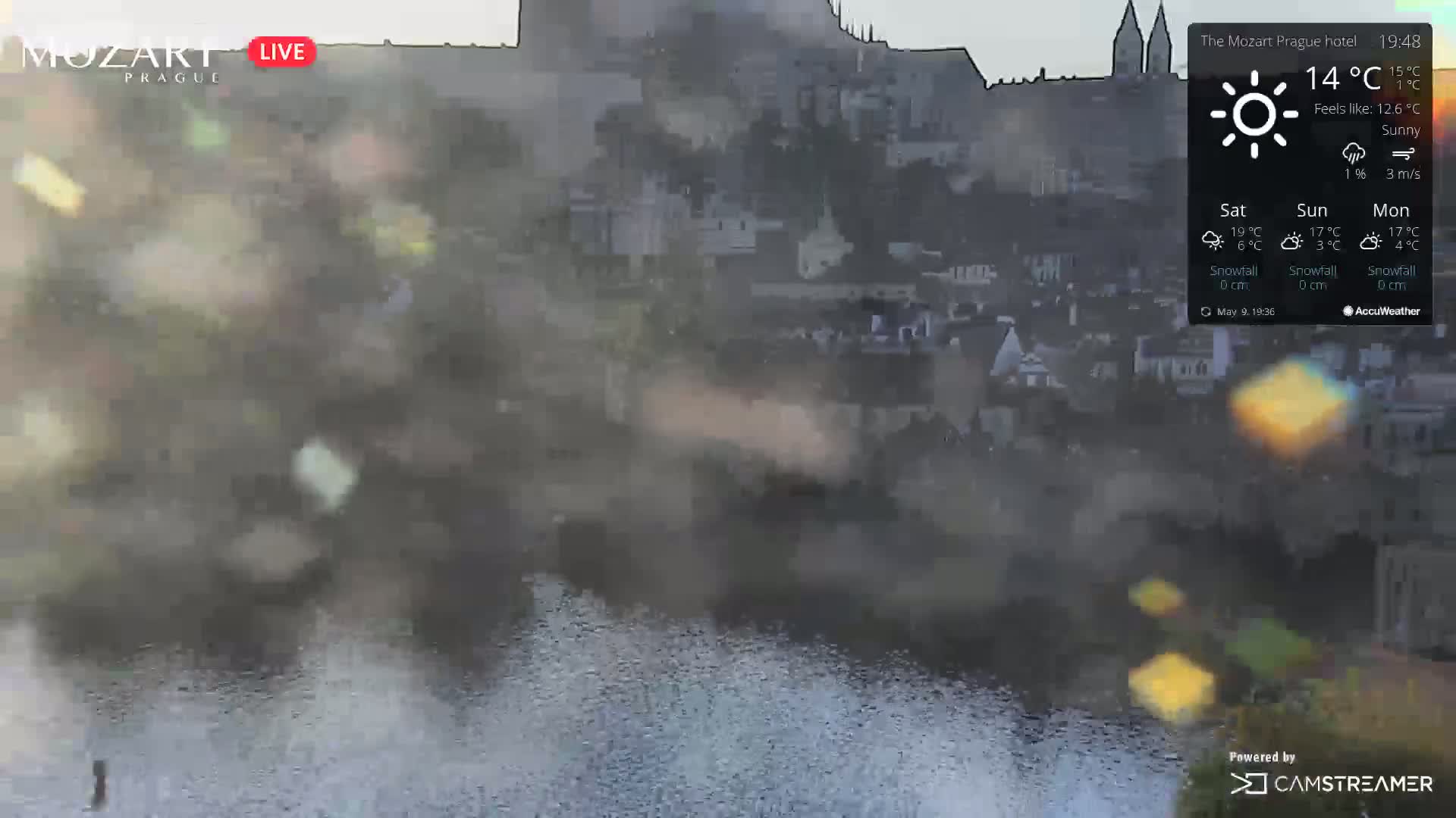 A hazy, sunny view of a city with a body of water in the foreground and a large building in the background.
