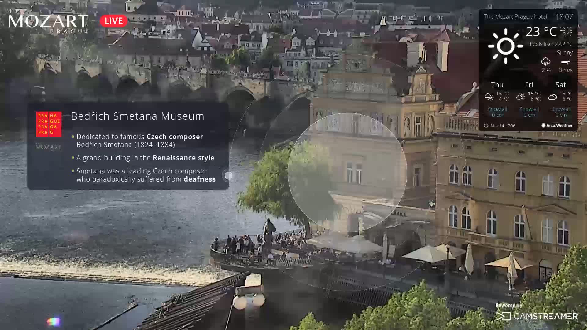 A sunny view overlooking a river with a Renaissance-style building and people gathered on a patio, with a bridge in the background.