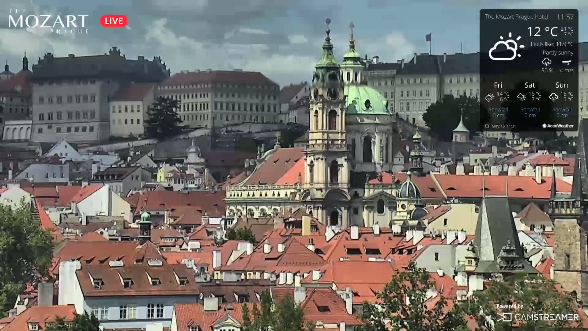 A partly sunny cityscape with red-tiled roofs and a prominent church steeple is visible, under a partly cloudy sky.