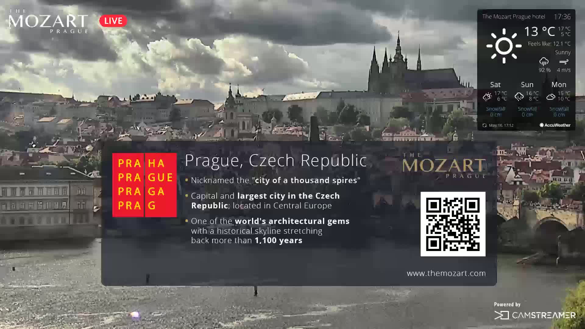 A sunny cityscape of Prague, Czech Republic, is shown with a river in the foreground.